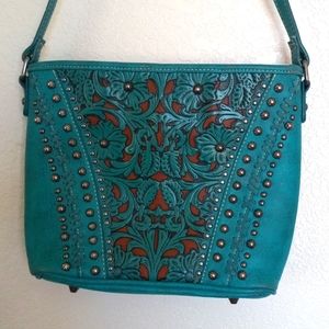 Trinity Ranch leather handbag turquoise 10x12 hand tool cut out